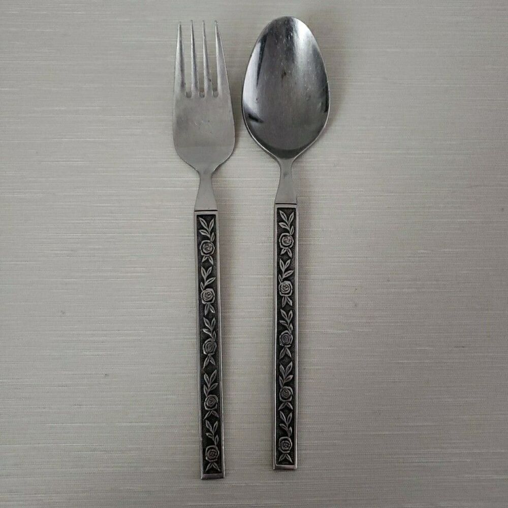 Interpur Stainless Mexicali Rose Dinner Fork & Spoon Black Textured Handle Japan